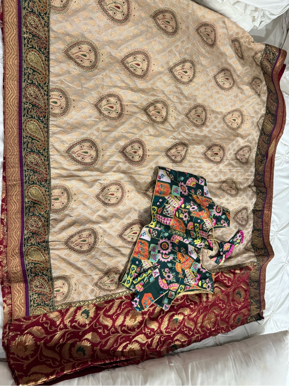 Elegant Beige & Maroon Paisley Silk Saree